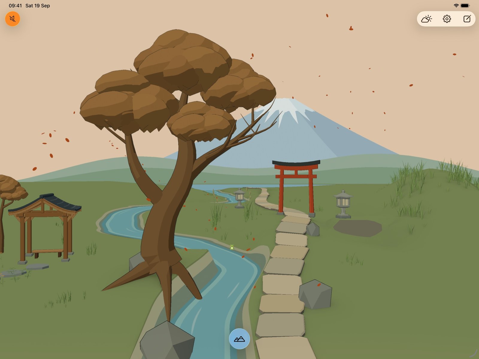 Kehai’s autumn landscape, with a winding river, a red torii gate, and Mount Fuji in the distance.