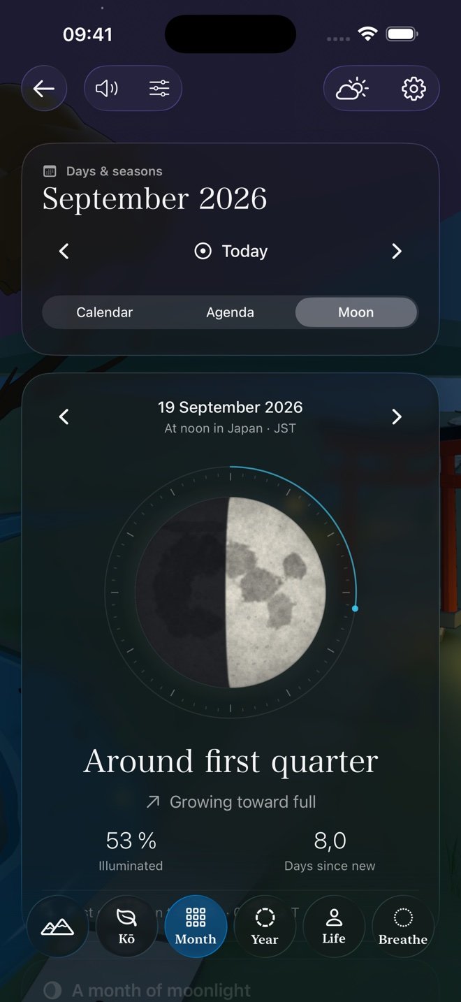 Kehai’s Moon view showing a first-quarter Moon, illumination, and lunar age.