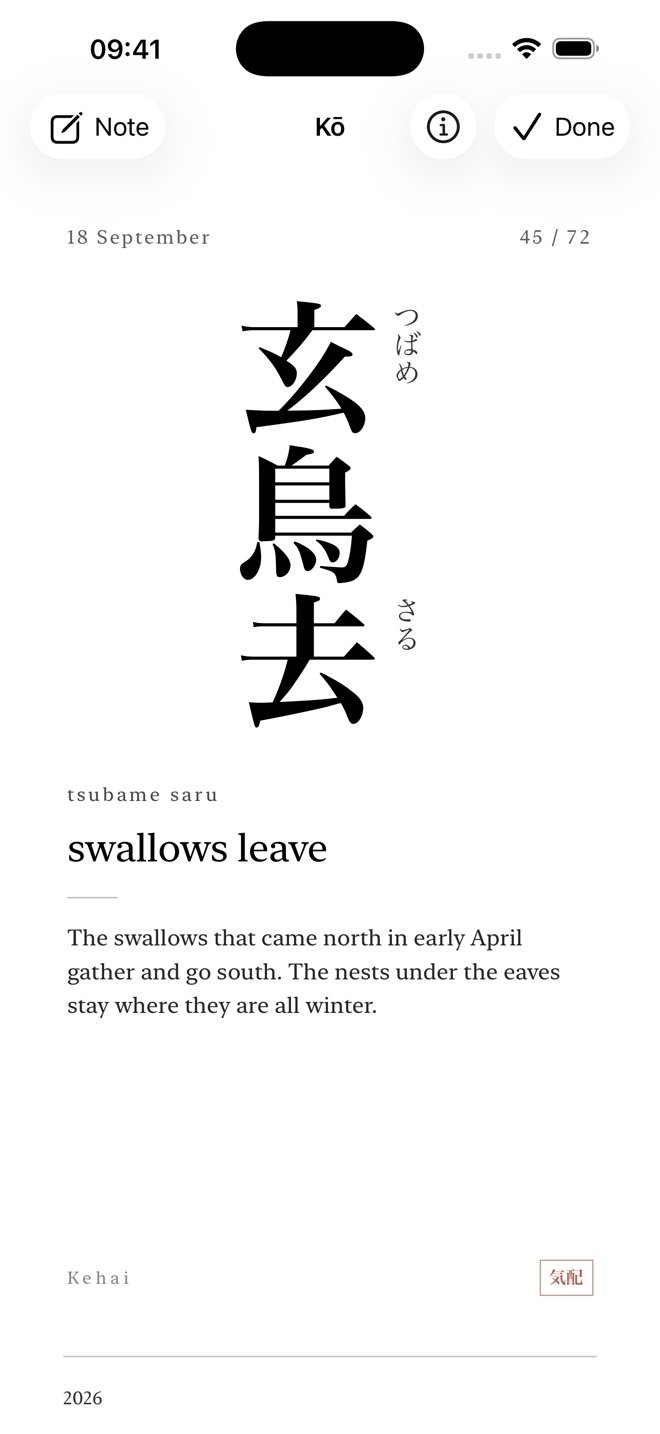 The microseason swallows leave, with Japanese kanji, pronunciation, and an English note.